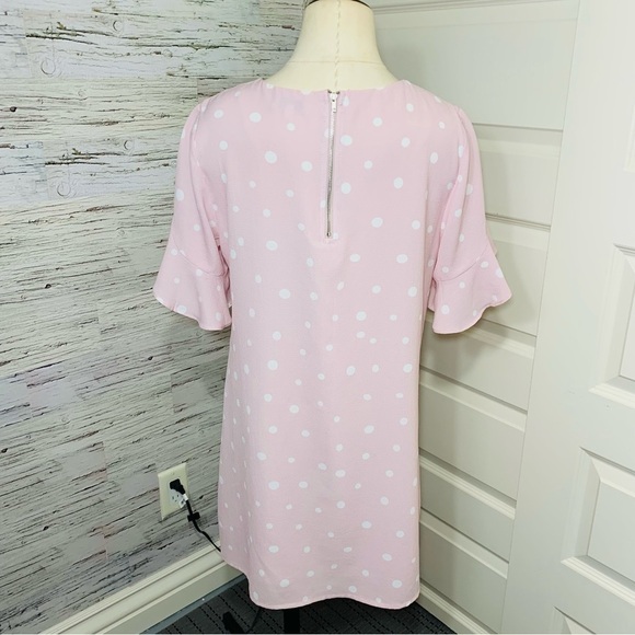 AVA Festival Pink White Polka Dots Crepe Mini Dress Ruffle Short Sleeves Sz M/L - Picture 7 of 10